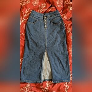 High Waisted Denim Midi Skirt with Front Slit